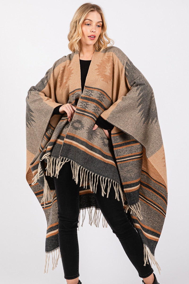 Brown Aztec Striped Ruana