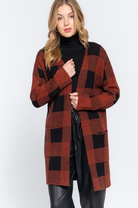 Rust and Black Open Front Sweater Cardigan