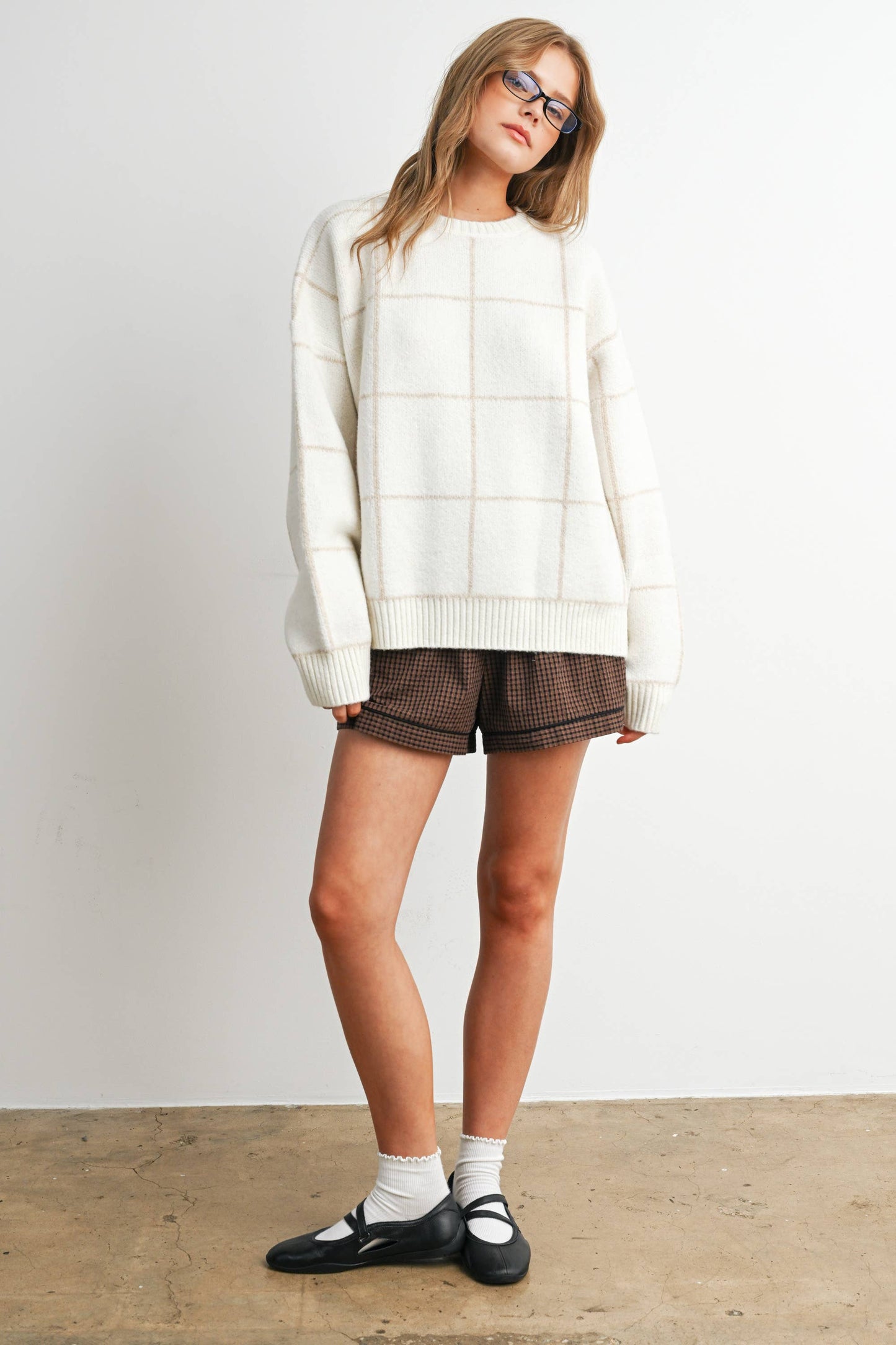 Checkered Crew Neck Knit Sweater