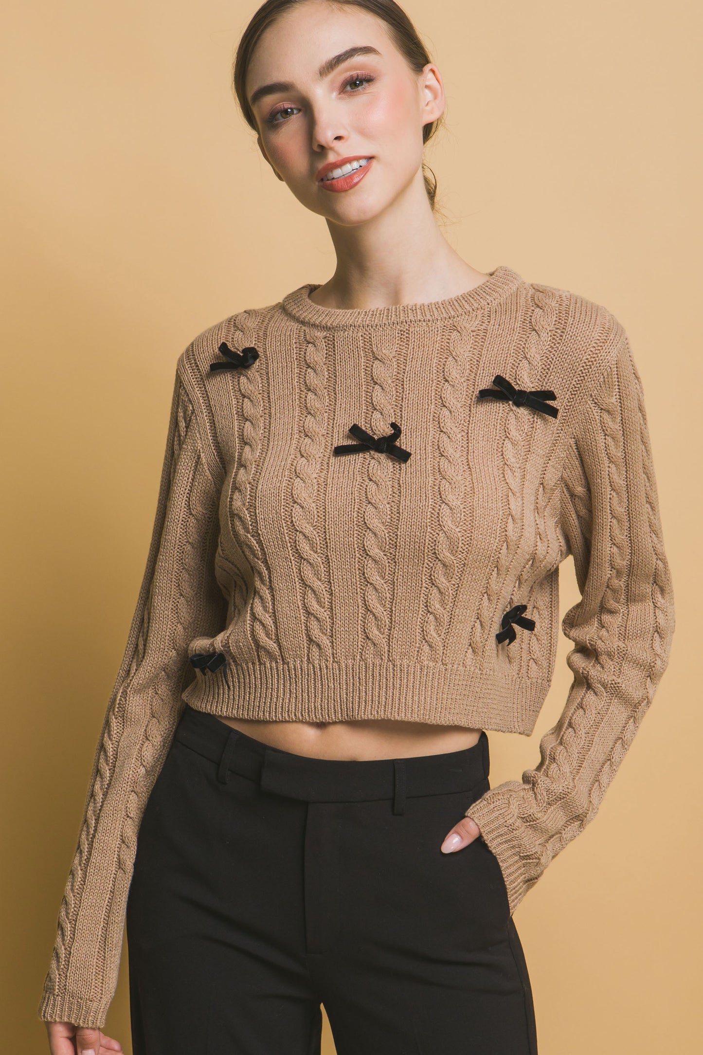 Mocha Cropped Bow Sweater