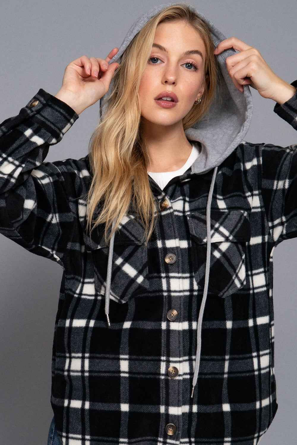 Black Plaid Hooded Fleece Jacket