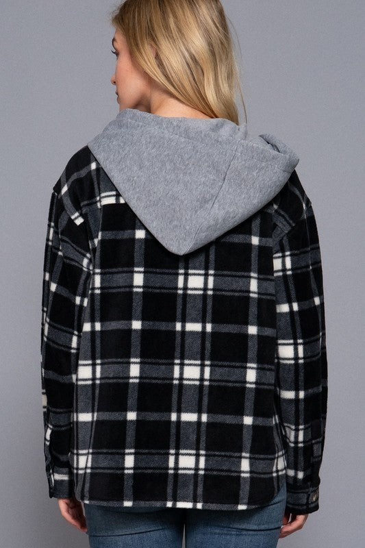 Black Plaid Hooded Fleece Jacket