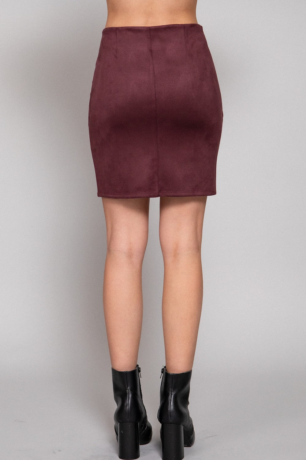 Maroon Ruched Suede Mini Skirt