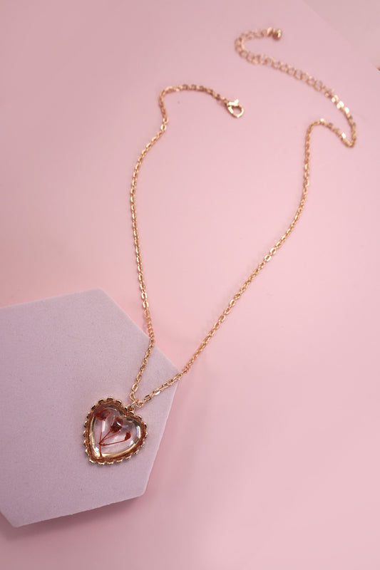 Clear Flower Gold Heart Necklace