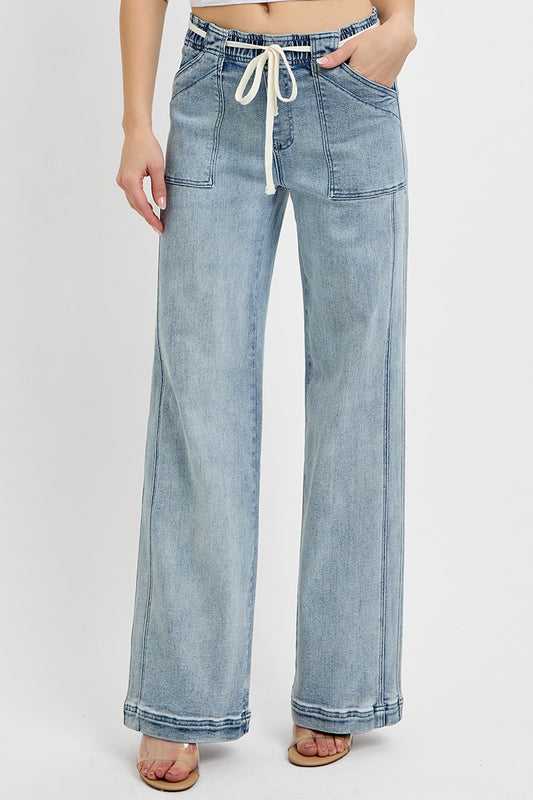 Light Wash Tie Waist Band Jean
