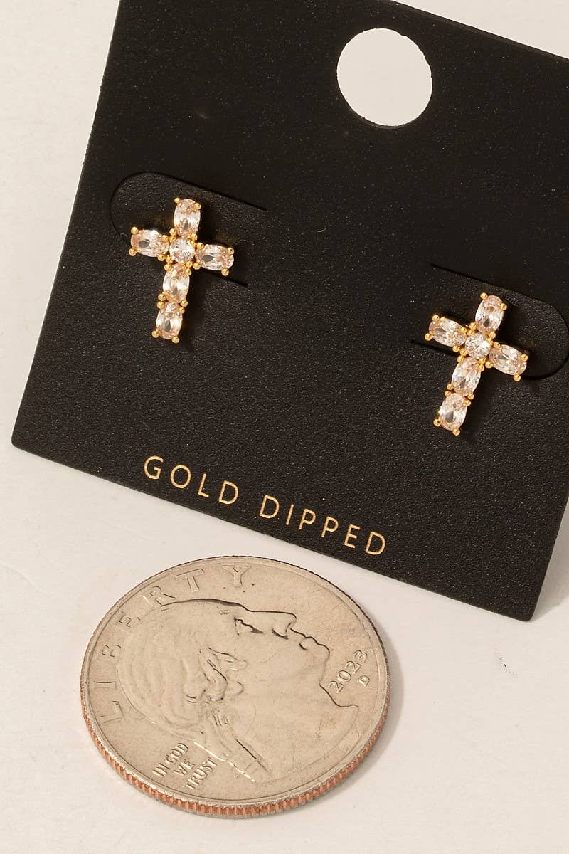 Gold Dipped Cz Studded Cross Stud Earrings