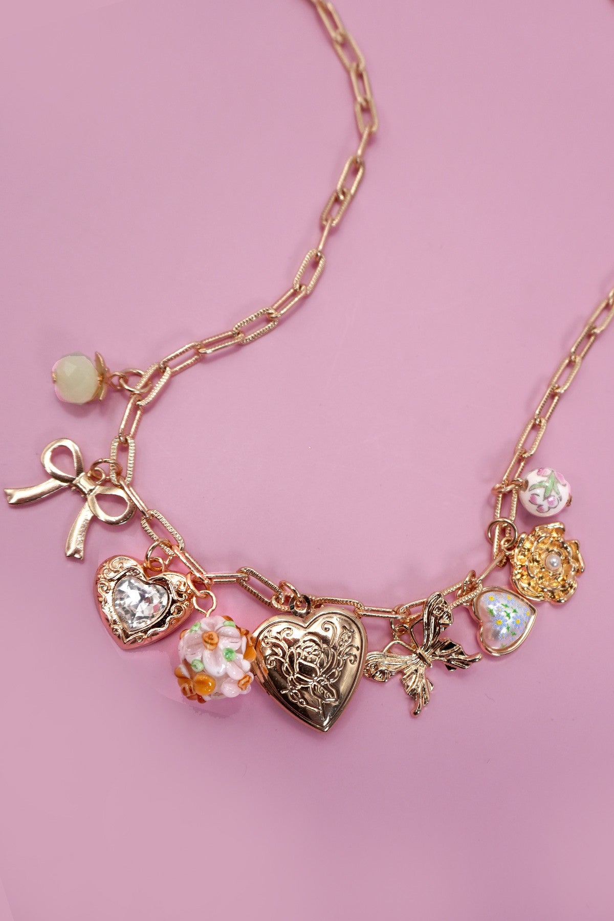 Charm Necklace-Heart Locket Butterfly Bow Flower