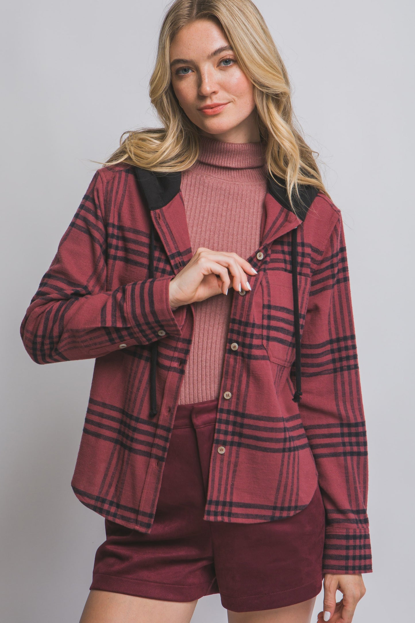 Burgundy Hooded Flannel Shirt