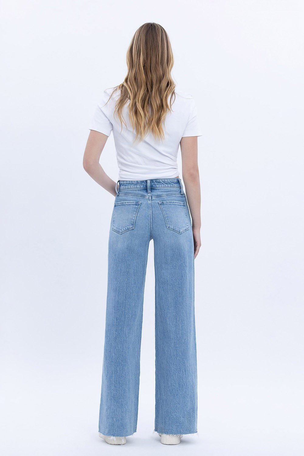 High Rise Light Wash Raw Hem Jean