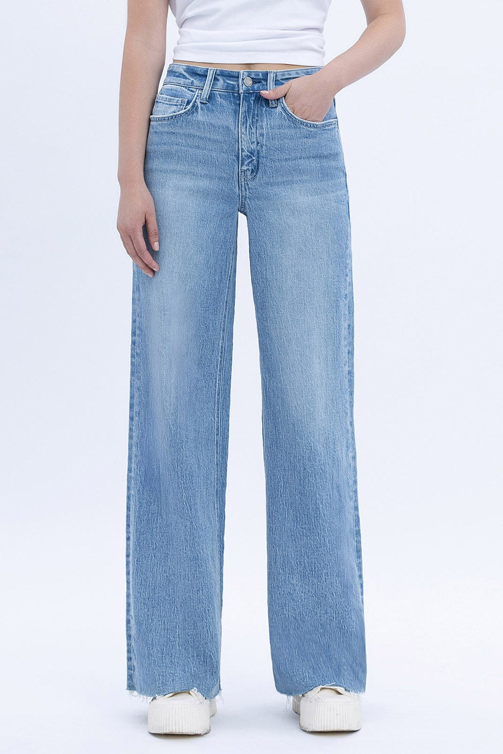 High Rise Light Wash Raw Hem Jean