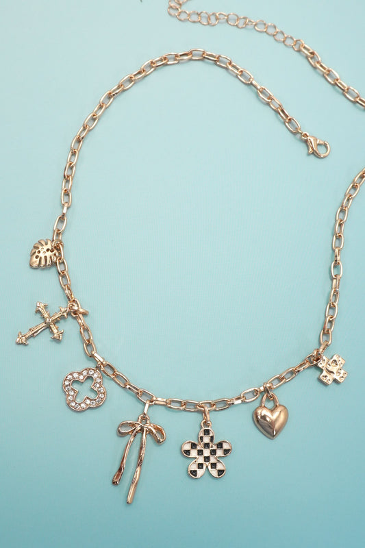 Charm Necklace-clover Bow Checker Flower Heart