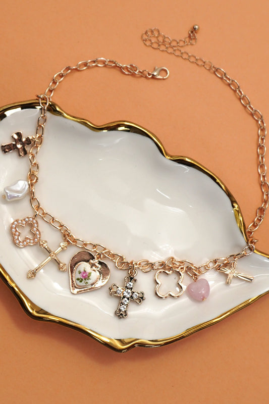 Charm Necklace-clover Cross Porcelain Flower