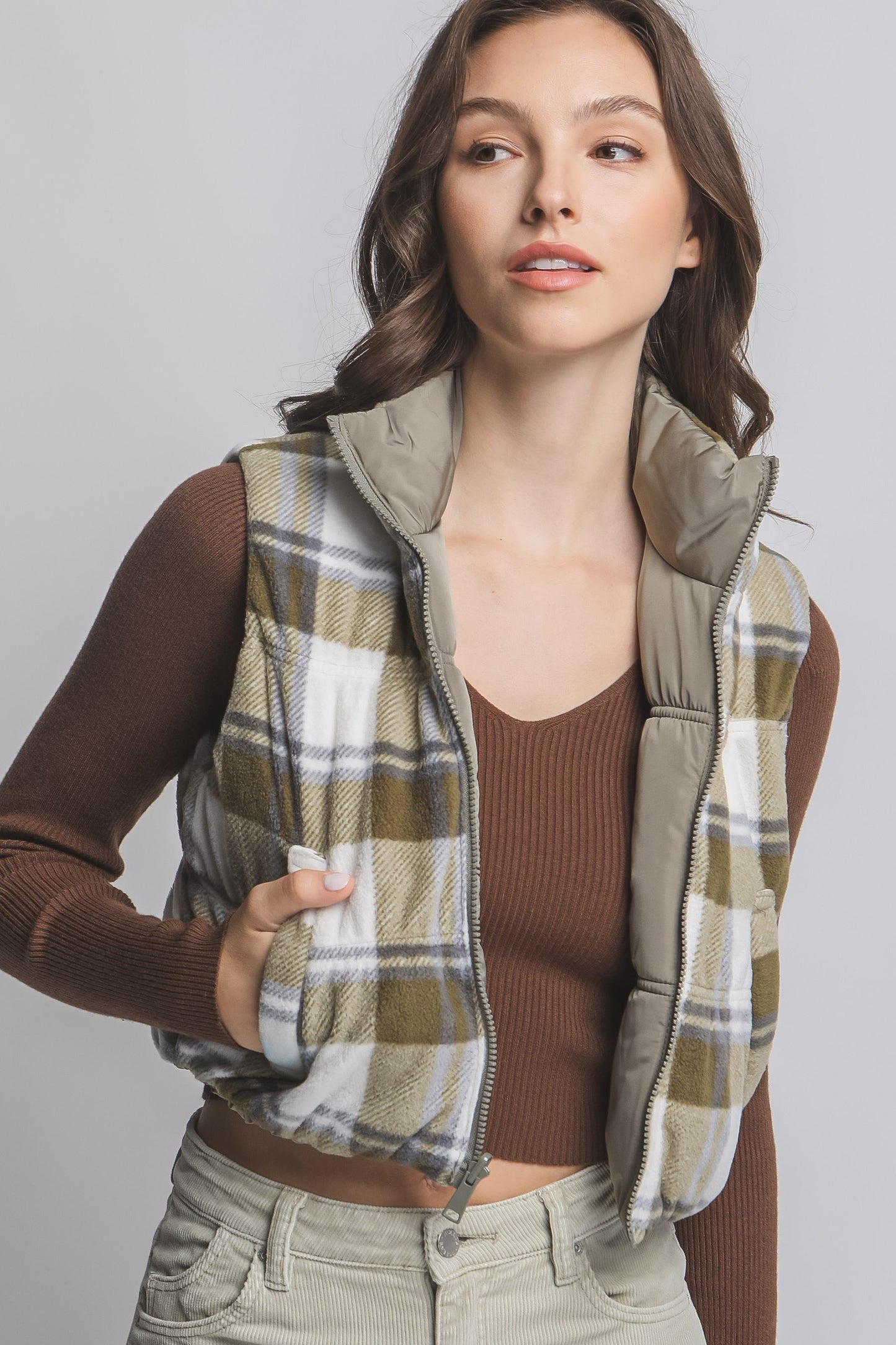 Olive Reversible Crop Puffer Vest