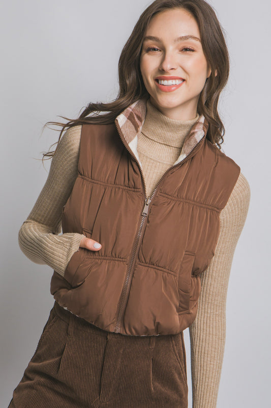 Mocha Reversible Crop Puffer Vest