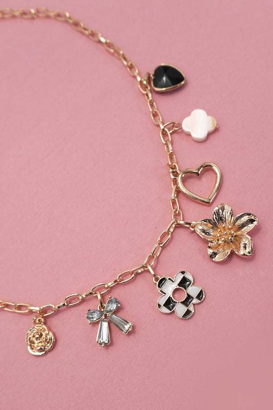 Gold Charm Necklace-Bow Checker Heart