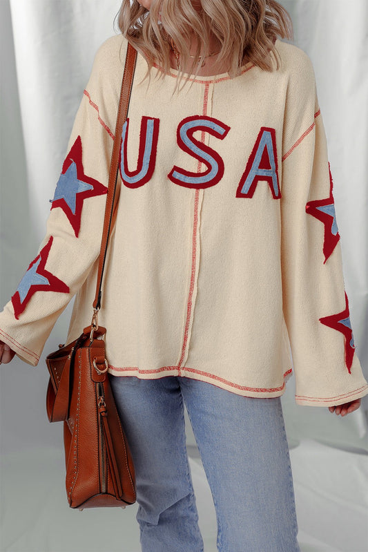 Beige USA Star Patchwork Top