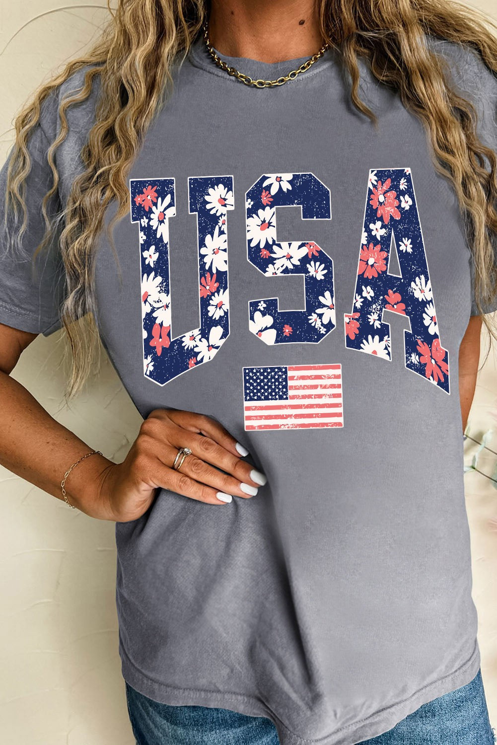 Gray Floral USA Flag Graphic Tee