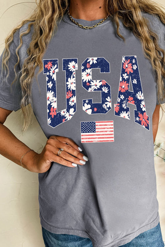 Gray Floral USA Flag Graphic Tee