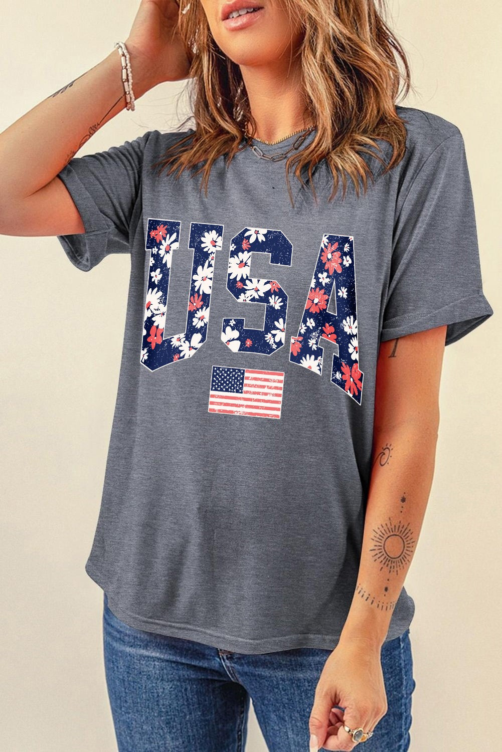 Gray Floral USA Flag Graphic Tee
