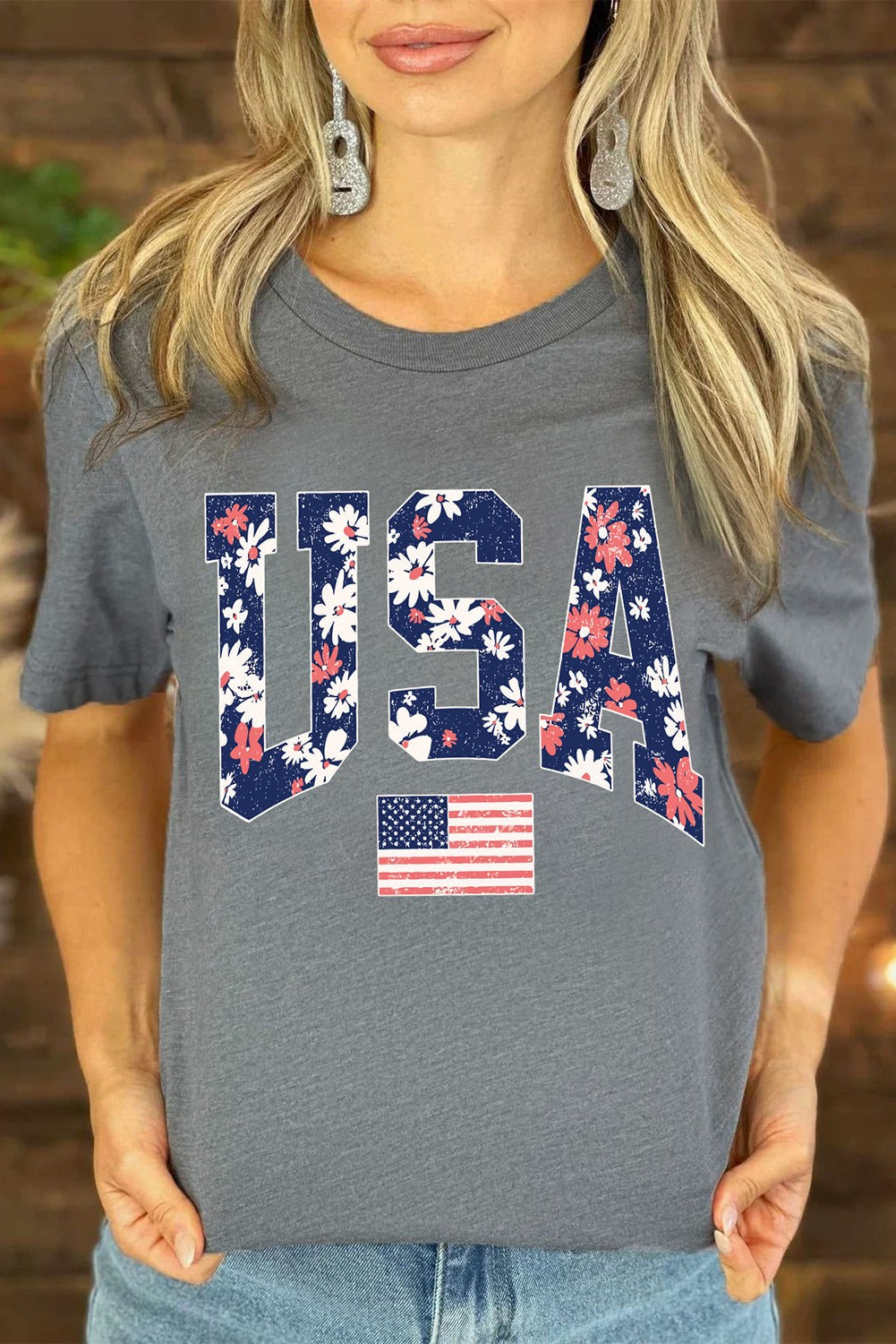 Gray Floral USA Flag Graphic Tee