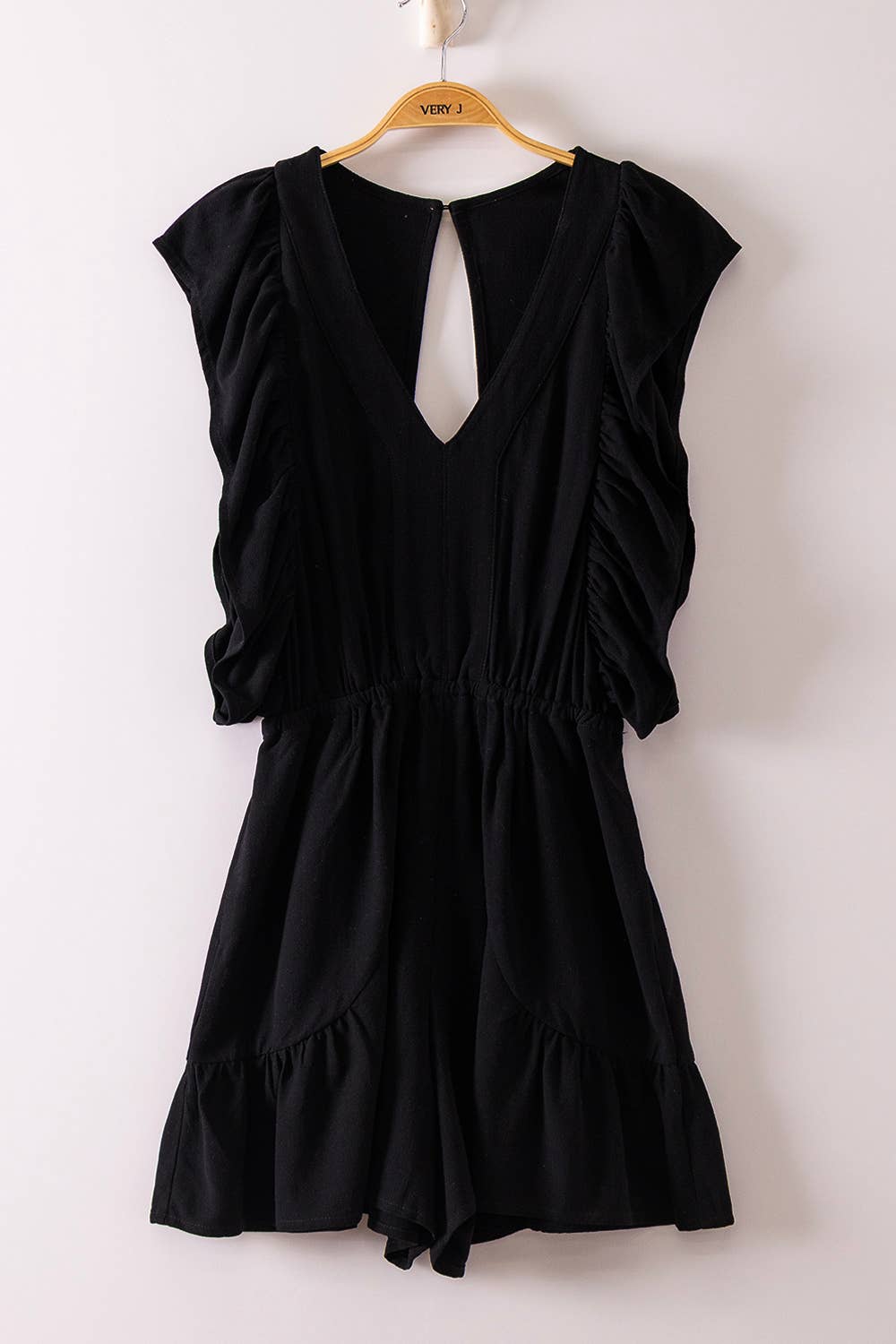 Back Cutout Detail Ruffled Sleeve Romper:Orange