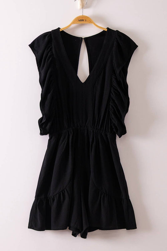 Back Cutout Detail Ruffled Sleeve Romper: BLACK