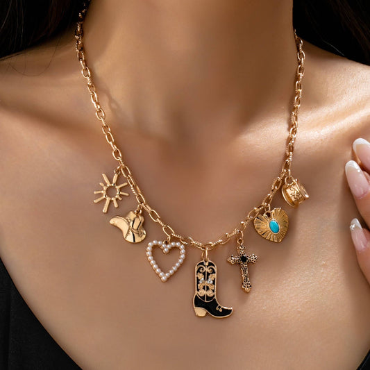 Western Charm Necklace - Boot cross heart