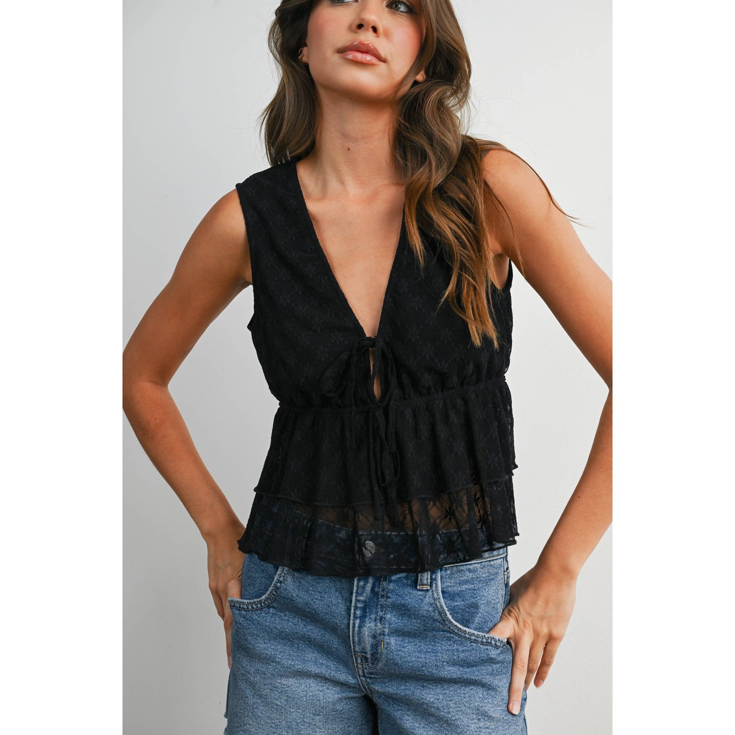 Tiered Ruffle Hem Tie-Front Tank Top