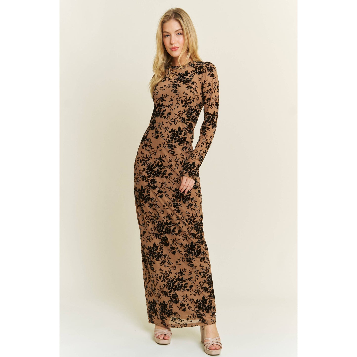 Velvet Floral Maxi Dress: Mocha Multi