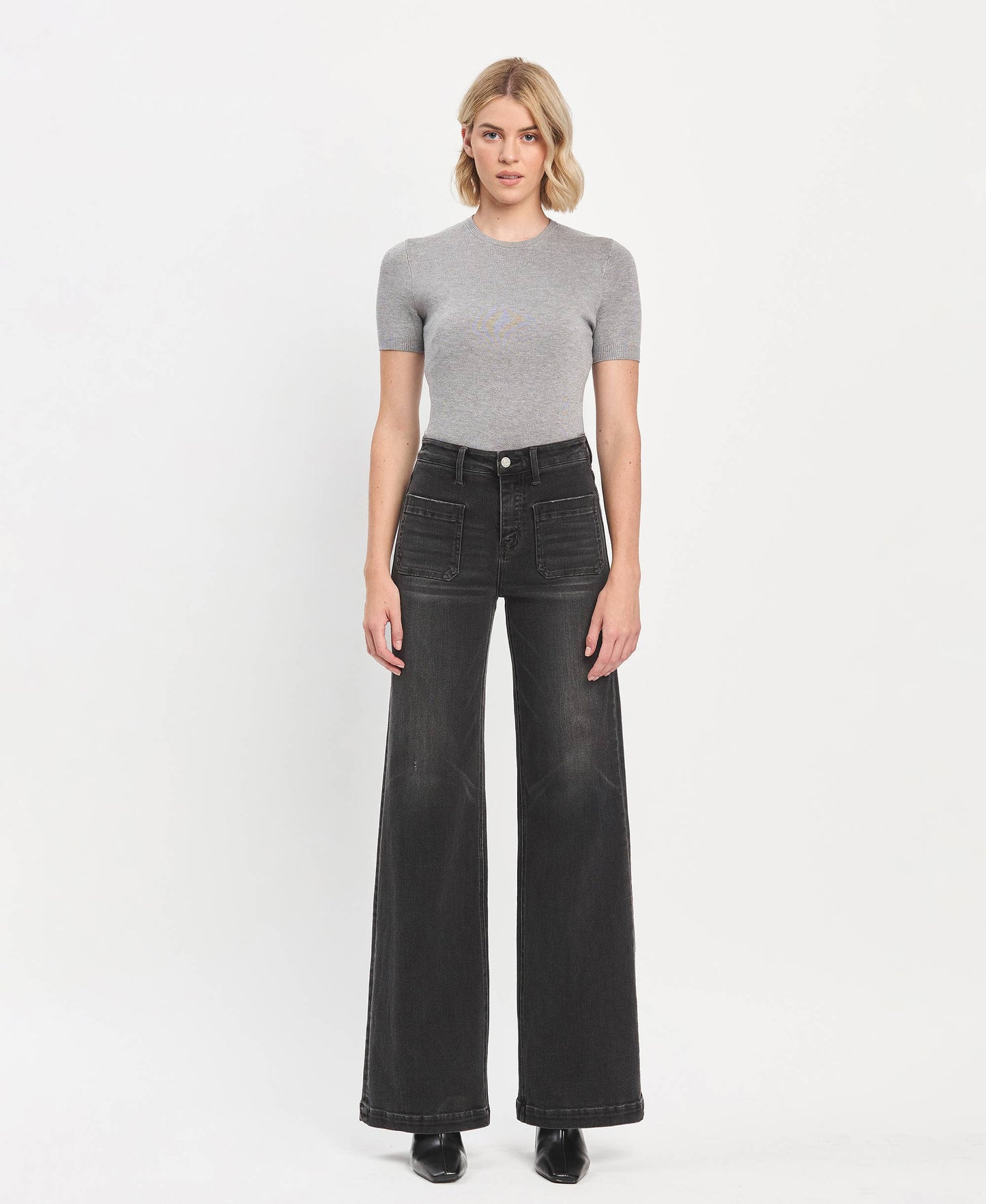 High Rise Patch Pocket Black Wide Range Trouser Jeans