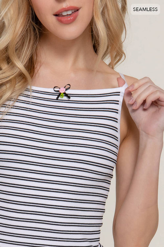 Straight Neck with Bow Detail Stripe Cami Seamless Top Whitr