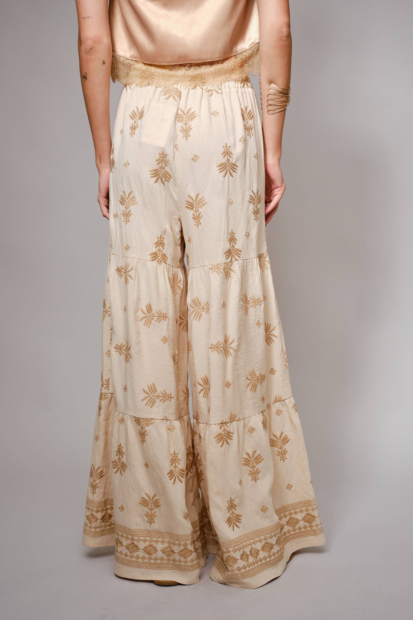 Embroidered Tassel Tie Front Tiered Palazzo Pants