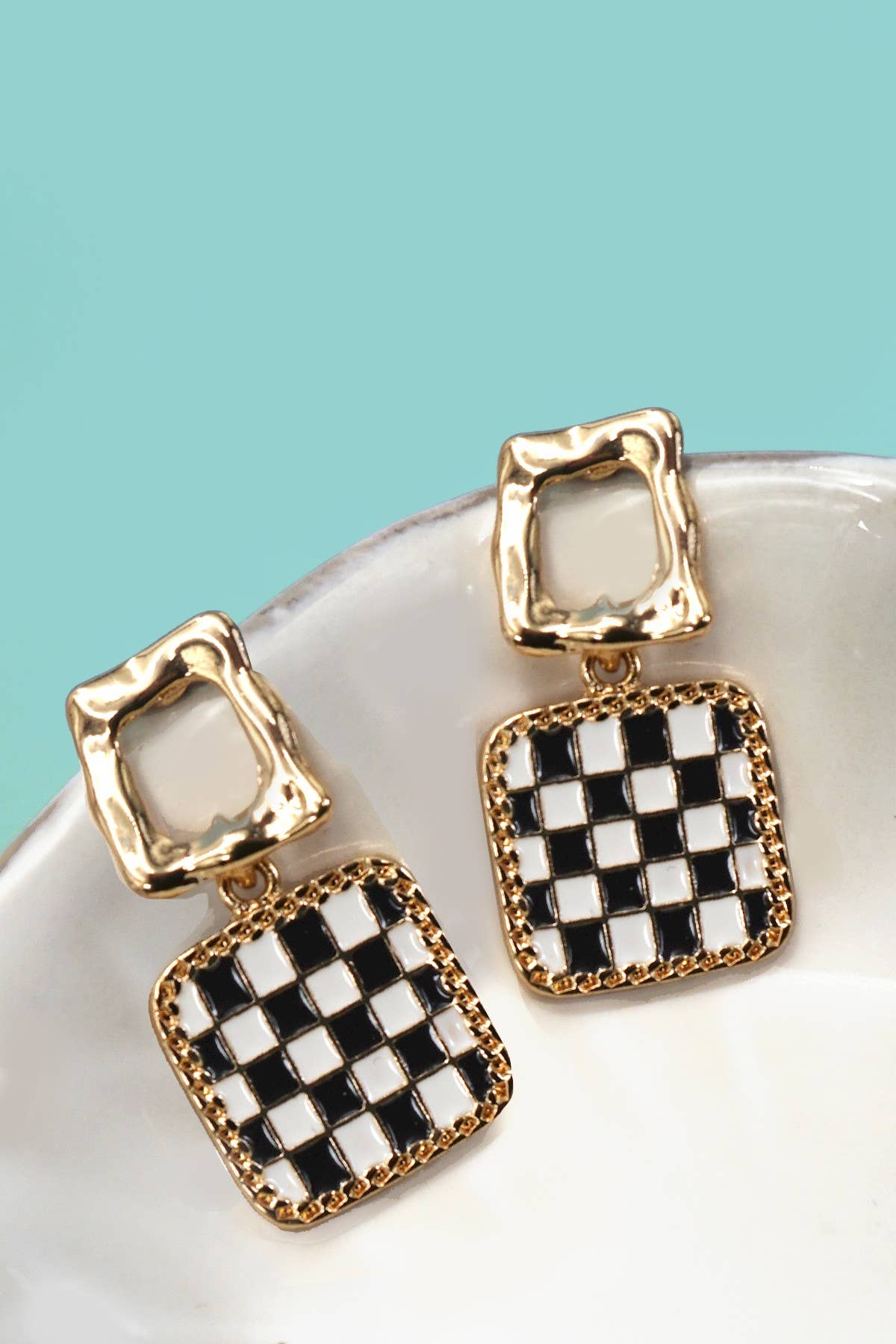 DOUBLE SQUARE CHEKER DROP EARRINGS: GOLD