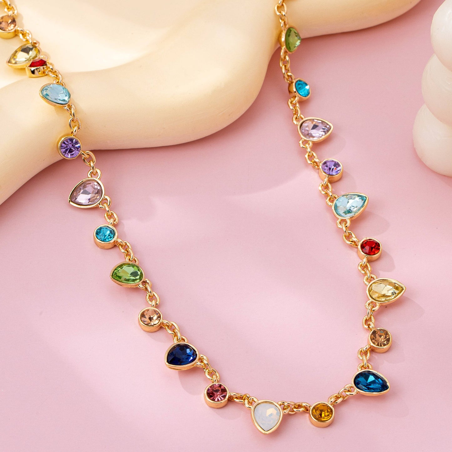 Rainbow Teardrop Gemstone Charm Necklace |  Gold