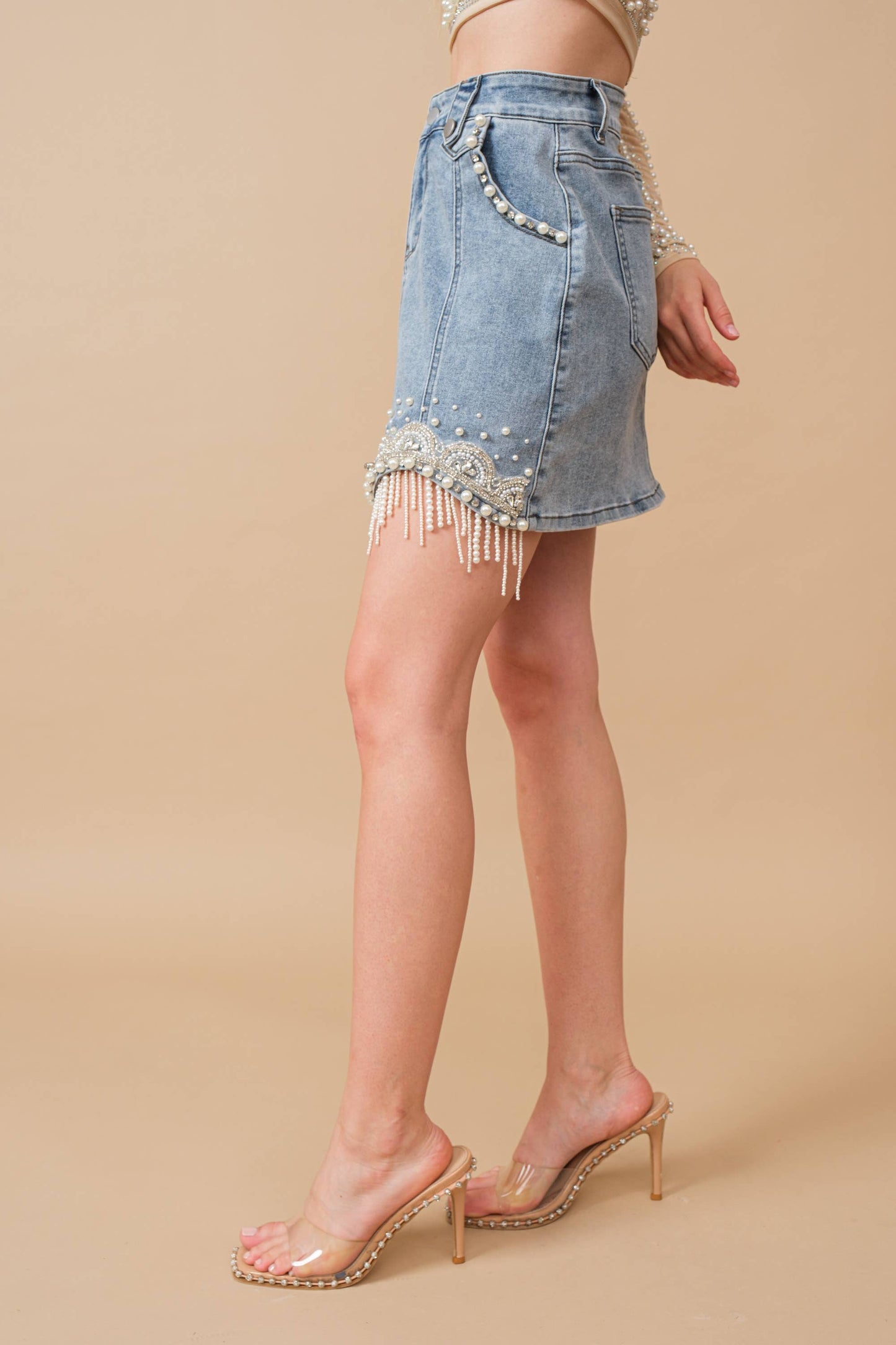 Denim Embellished Fringe Mini Skirt