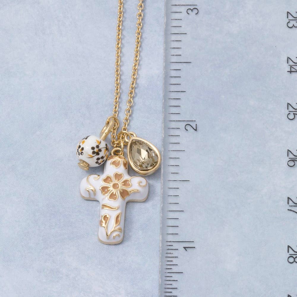 Ceramic Floral Cross And Bead Charms Chain Necklace