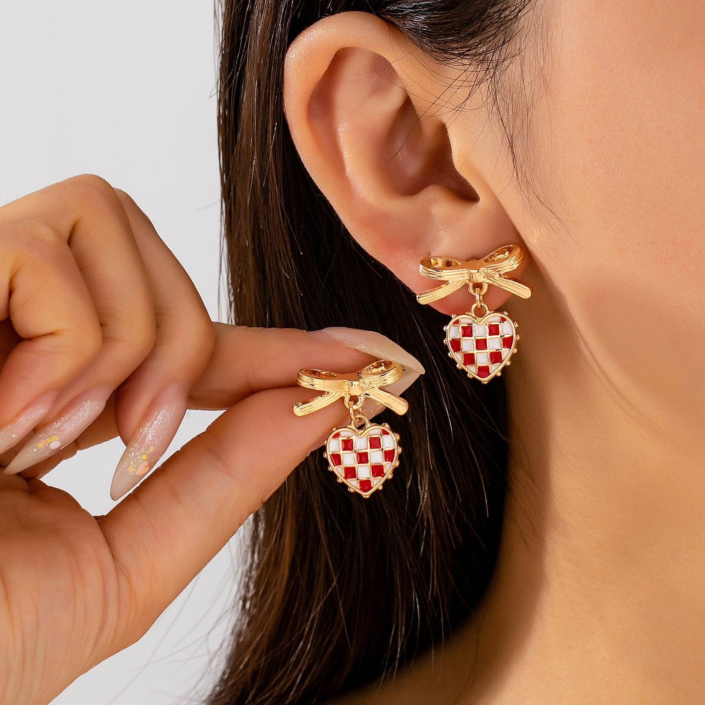 Checkered Heart Bow Drop Earrings