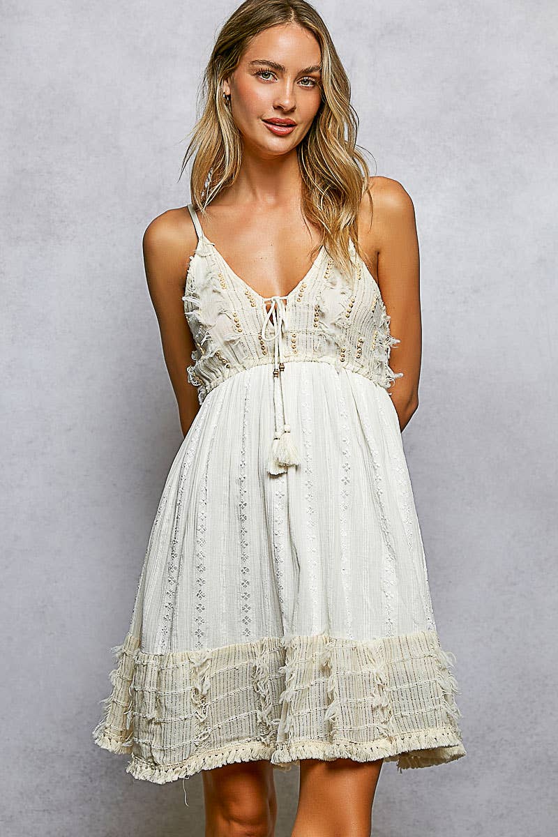 Tassel Trim Wooden Bead Smocked Dress