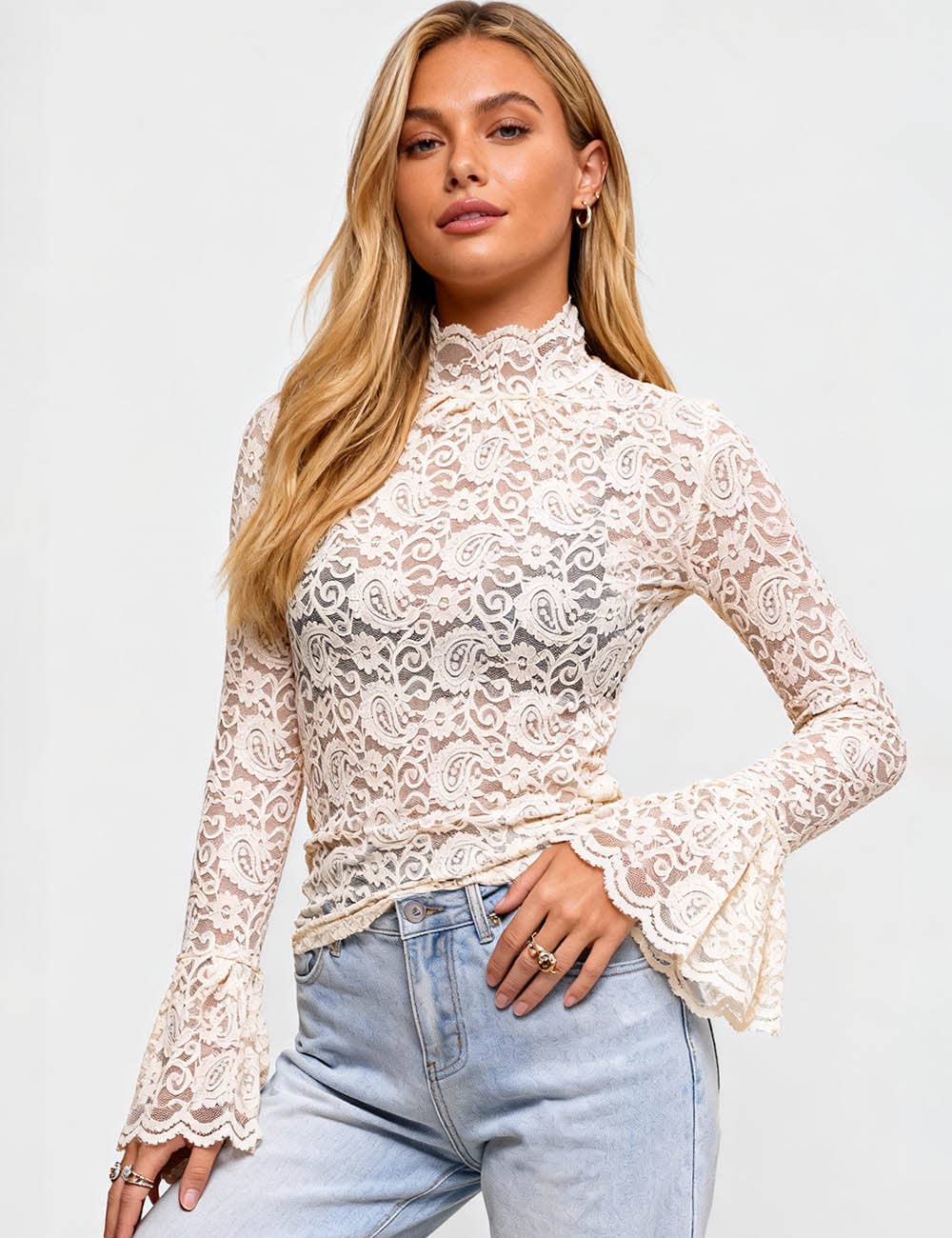 Ladies See Sheer Lace Blouse Layering Top