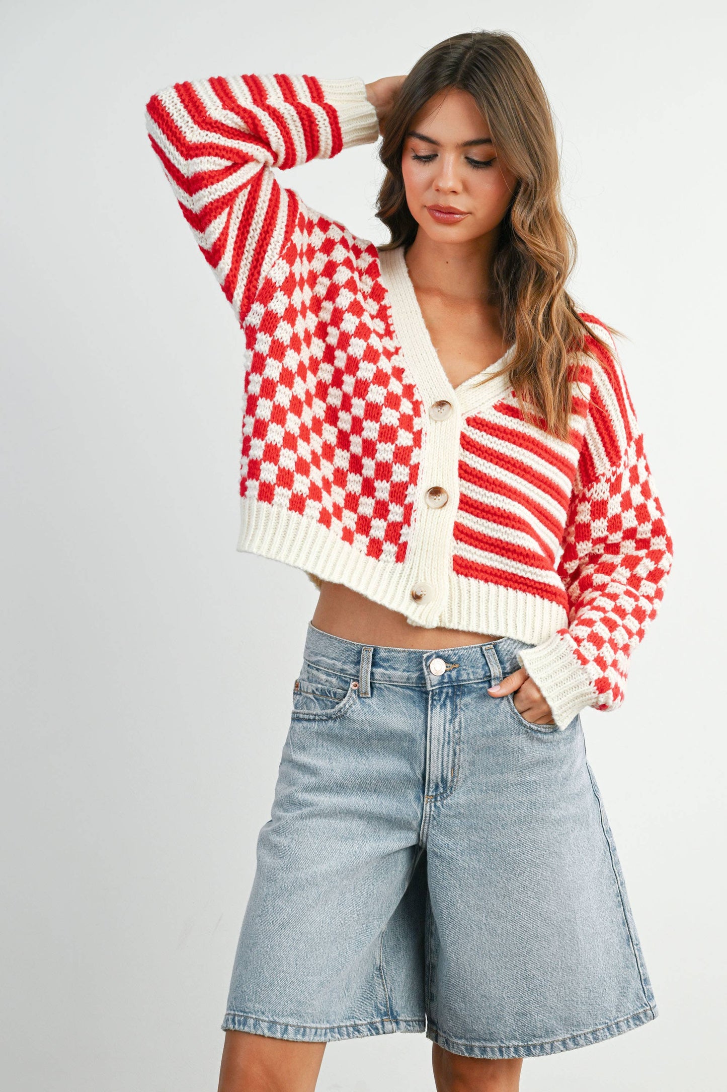 Oversized Button Down Checkered Stripe Cardigan