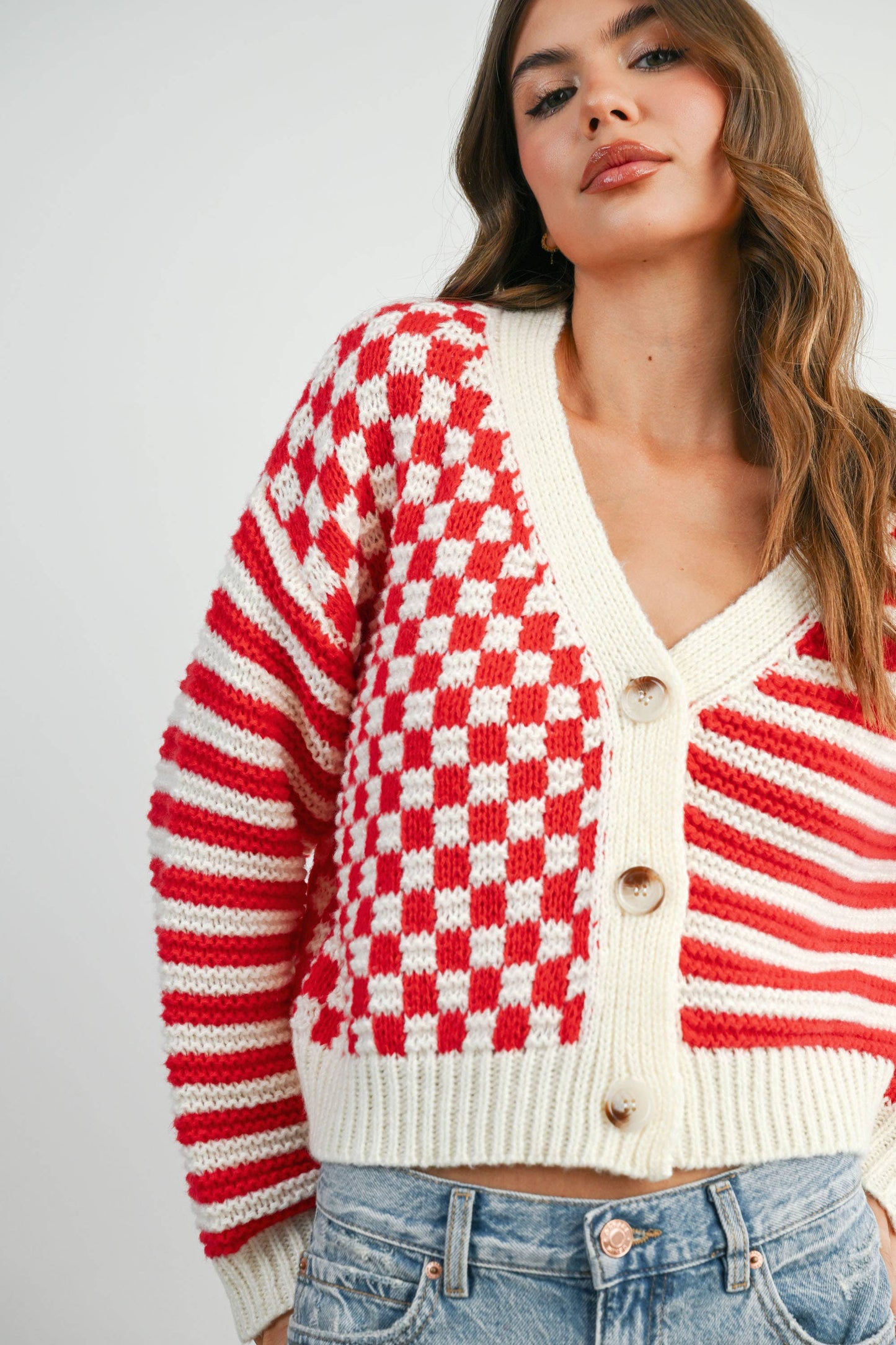 Oversized Button Down Checkered Stripe Cardigan
