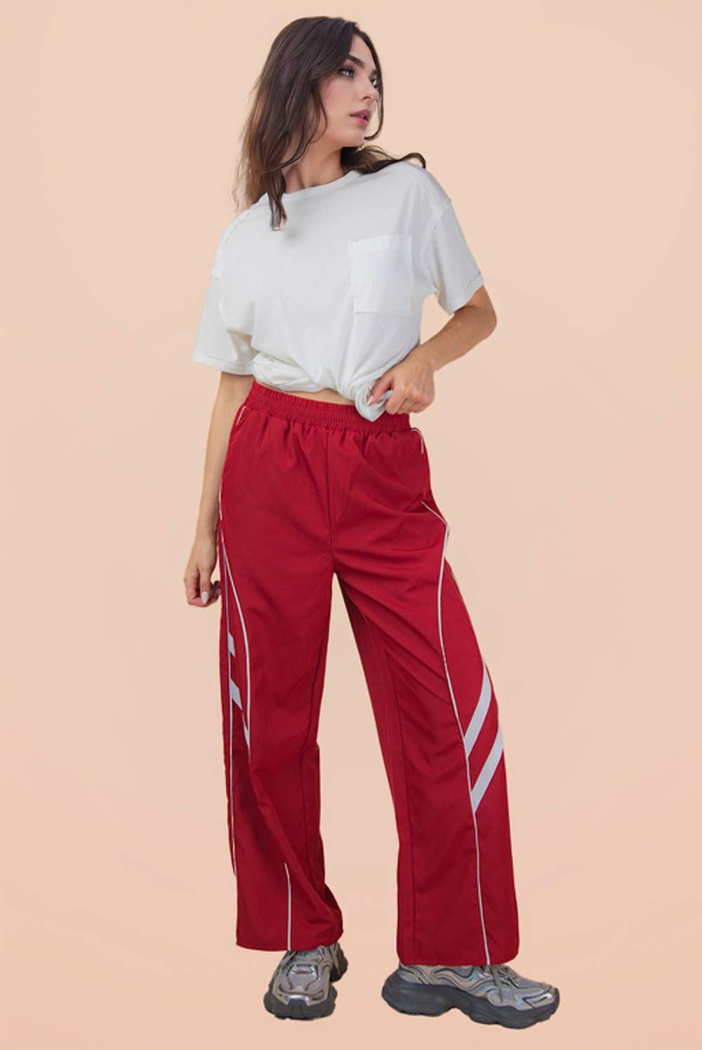Red Wide Leg Track Pants W/ Piping Detail