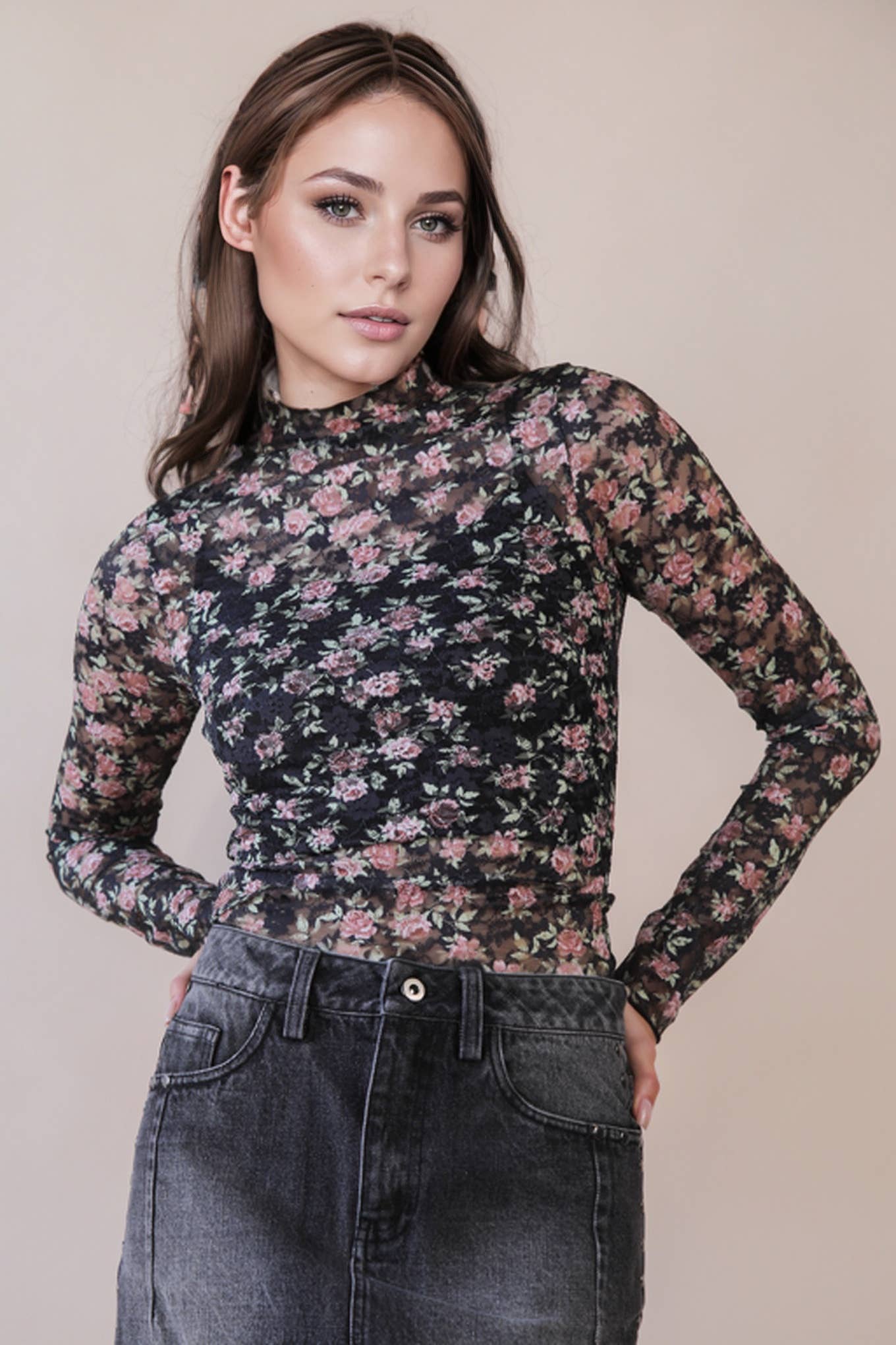 Black Floral Sheer Layering Top