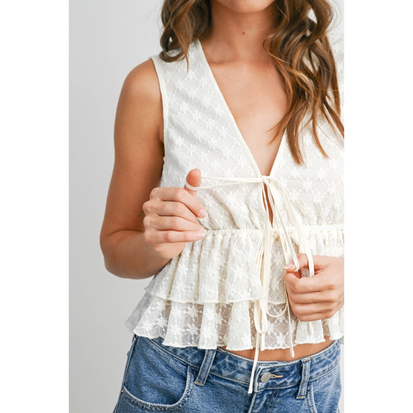 Tiered Ruffle Hem Tie-Front Tank Top