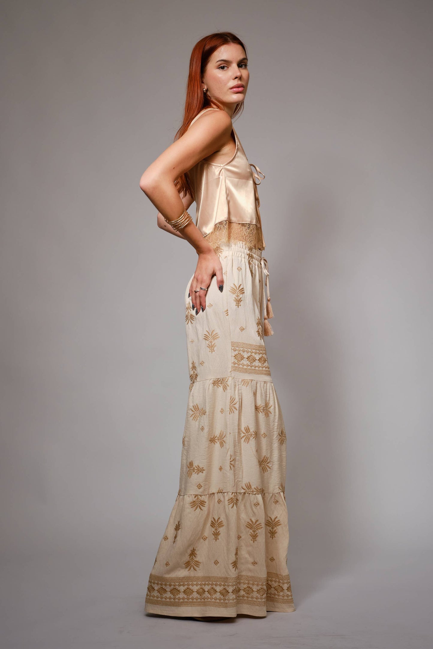 Embroidered Tassel Tie Front Tiered Palazzo Pants