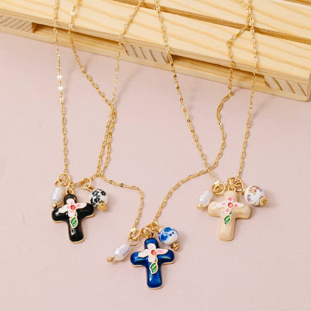 Enamel Cross And Ceramic Floral Charms Chain Necklace