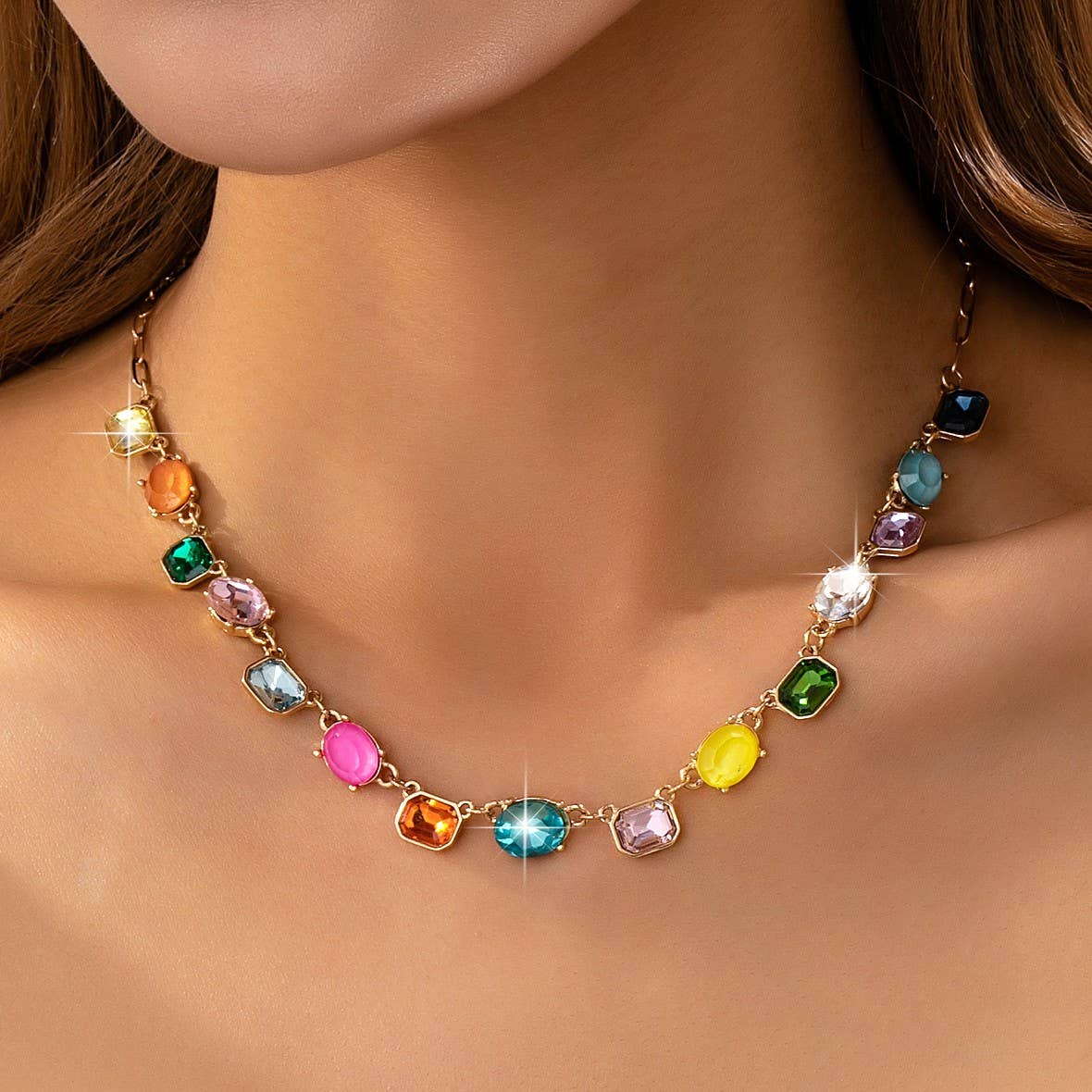Multicolor Gemstone Link Necklace |  Gold
