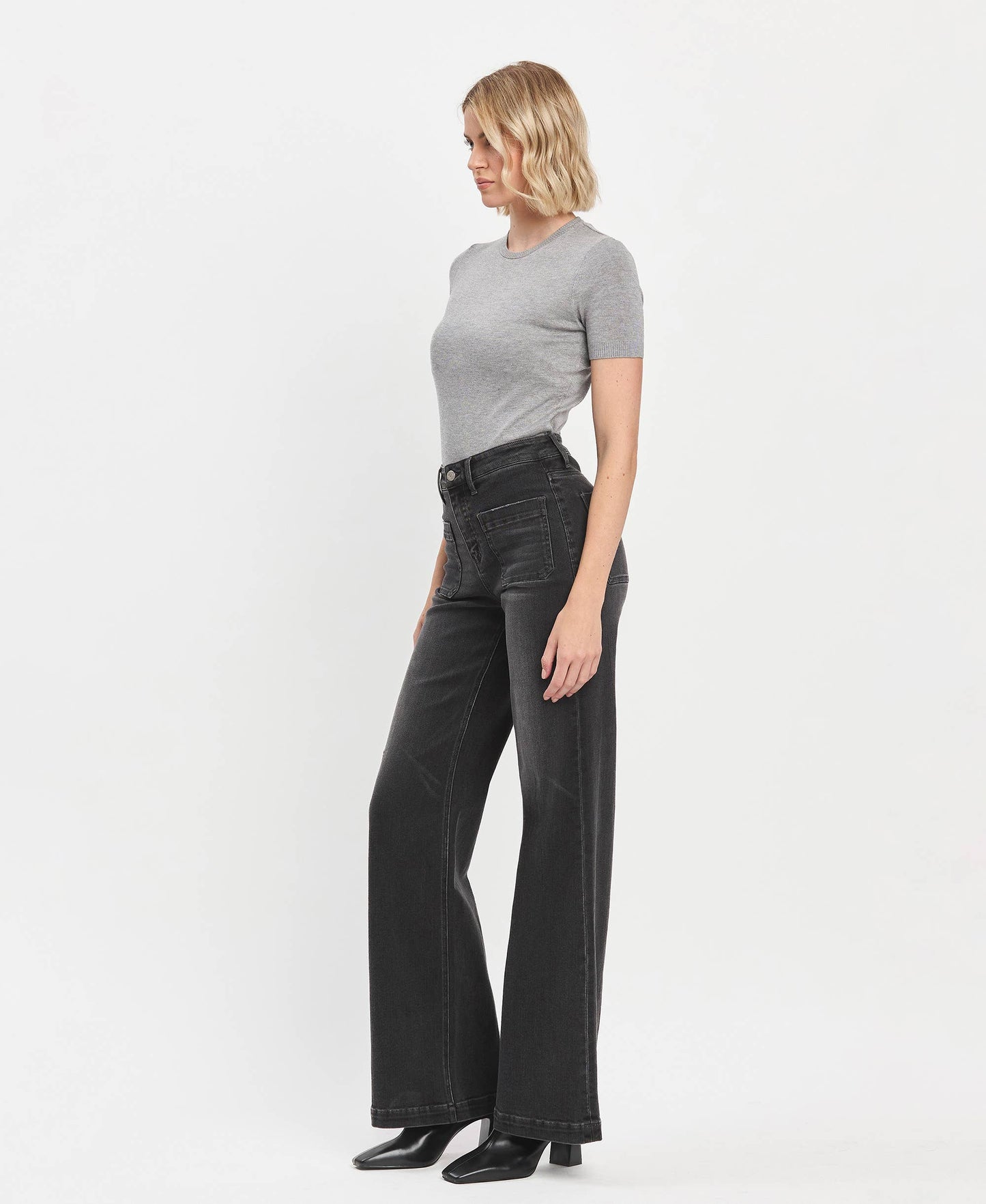 High Rise Patch Pocket Black Wide Range Trouser Jeans