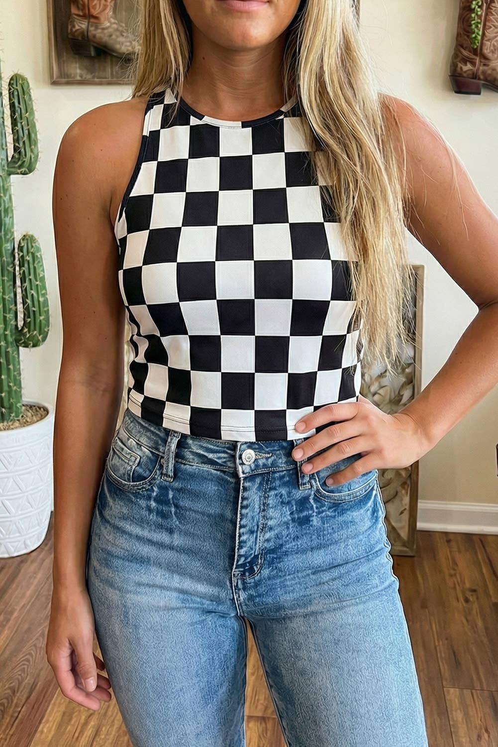 Checkerboard Printed Slim Tank Top