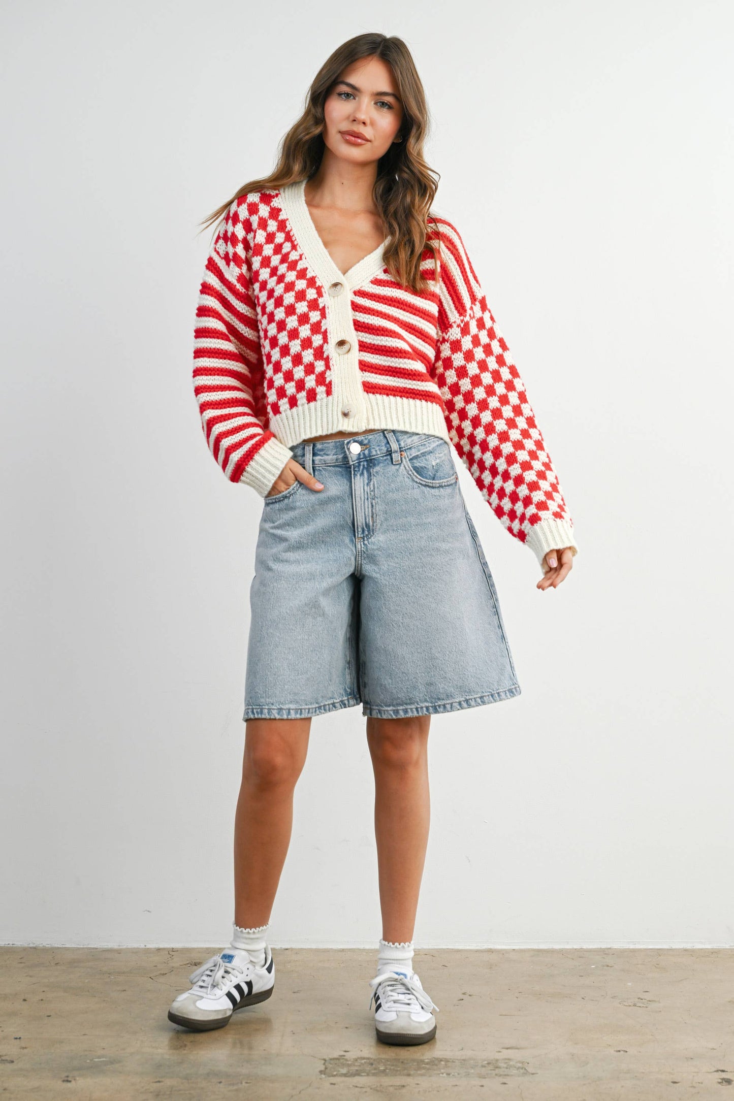 Oversized Button Down Checkered Stripe Cardigan